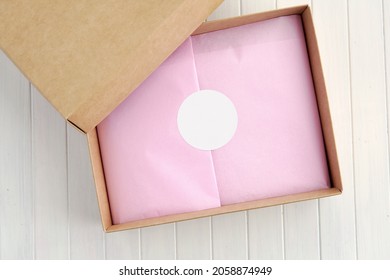 Cardboard Gift Or Product Box And Pink Package, Round Label Mockup, Circle Sticker Mock Up.