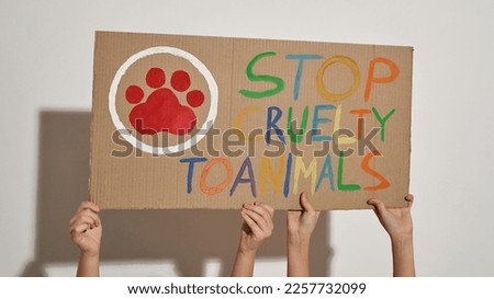 Cardboard peaceful banner with 'Stop cruelty to animals' slogan in hands of Partial children on protest rally. Activism and democratic demonstration. Isolated on white background. Studio shoot