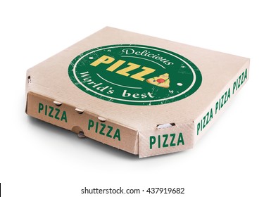 Cardboard pizza box isolated on white background, close up