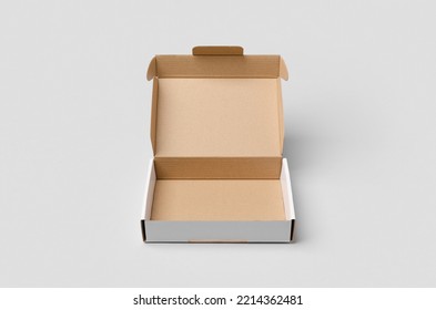 Cardboard postal, mailing box mockup with opened lid. - Shutterstock ID 2214362481