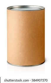 Cardboard Tube With Metal Lids Vertically Isolated On White Background