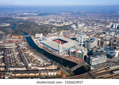 Cardiff aerial view Wales capital cityscape panoramic skyline feat. River Taff and city center in UK with Principality Stadium home of Welsh rugby union, plus football around town center from above. - Shutterstock ID 1326623927