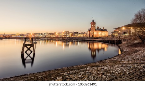 Cardiff Bay sunset, South Wales UK with a clear sky on a cold winter evening.