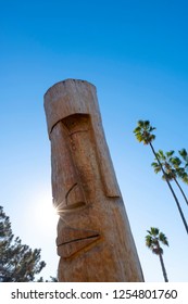 Cardiff, California / USA 11-09-2018 A carved Tiki or Totem is seen at the entrance to Swami's beach a world class surfing destination in San Diego California.