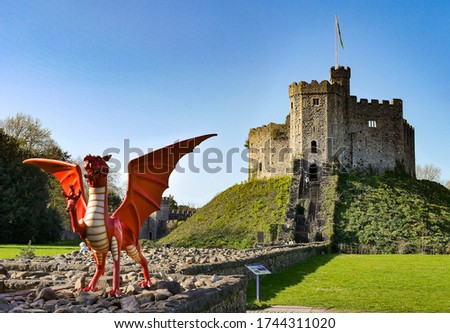 Cardiff Castle and dragon on a sunny day
