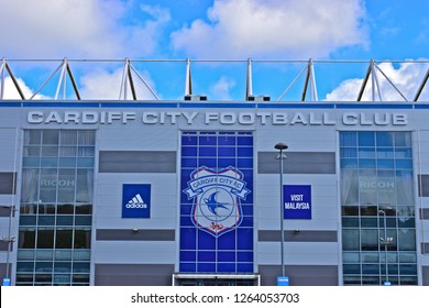 Cardiff, Cardiff County / Wales UK -4/25/2018: Cardiff City Football Club Stadium In Leckwith. A Close Up View Of The Club Badge And Sponsors, On The Wall Above The Main Entrance.