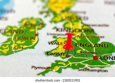 Cardiff Map. Close Up Of Cardiff Map With Red Pin. Map With Red Pin Point Of Cardiff In UK.