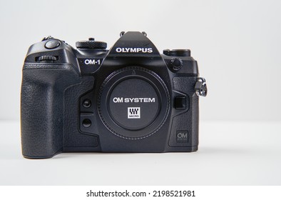 Cardiff Mid Glamorgan Wales UK August 6 2022 OM System OM1 Micro Four Thirds Camera Body On A White Background