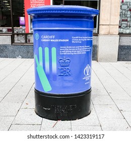 Cardiff, UK. 13th June 2019. Letter Box Painted Blue To Celebrate The 2019 ICC Cricket World Cup. Cardiff Wales Stadium Is One Of The Venues.