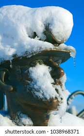 Cardiff, UK, December 18. 2010. A Close Up Of Pit To Port Sculpture Which Celebrates Welsh Coal Miners In Cardiff Bay With Snow, Wales