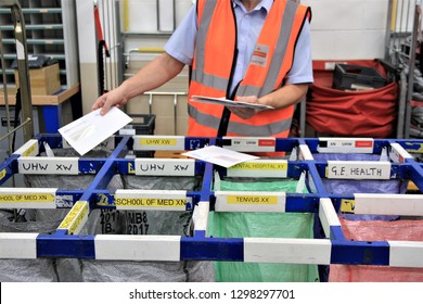 Cardiff Uk January 25 2019 Employees At Royal Mail Sort Mail Items For Delivery. 