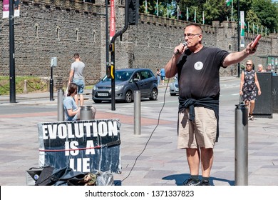 Cardiff, UK. July 2017. Christian Street Evangelist, Preaching In Queen Street Cardiff.