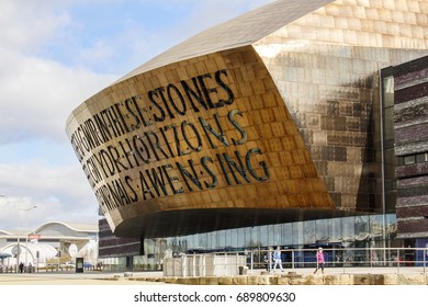 Cardiff, UK: March 10, 2016: Wales Millennium Centre is an arts, theatre and entertainment building located in the Cardiff Bay area of Wales. It was opened in 2004.