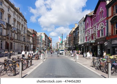 Cardiff, United Kingdom, Wales - August 26, 2016: Tourists and locals going shopping in St Mary Street on Friday morning. The road is the home of a number of shops, bars, restaurants and banks. 