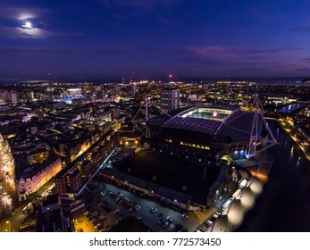 CARDIFF, WALES - 2017: Aerial View Of The Millennium Stadium / Principality Stadium At Night.