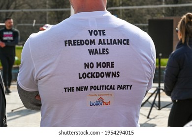 Cardiff, Wales - April 2021: Person Wearing A T Shirt Of The Freedom Alliance Wales, A New Political Party.