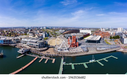 CARDIFF, WALES - APRIL 23 2021: Aerial drone view of Cardiff Bay including the Parliament (Senydd) building and other landmarks.  Cardiff is the capital city of Wales