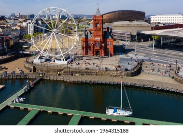 CARDIFF, WALES - APRIL 23 2021: Aerial drone view of the landmarks of Cardiff Bay.  Cardiff is the capital city of Wales