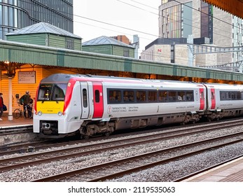 Cardiff, Wales - February 2020: Diesel passenger train operated by Transport for Wales at the city's main railway station.
