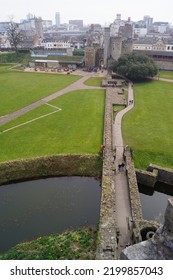 Cardiff, Wales - March 12 2016: An Aerial View Of The Moat And Castle Greenfrom Top Of The Norman  Keep At Cardiff Castle