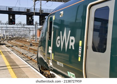 Cardiff, Wales - March 2022: Class 800 high speed train operated by Great Western railway waiting for a green signal to depart Cardiff Central railway station.
