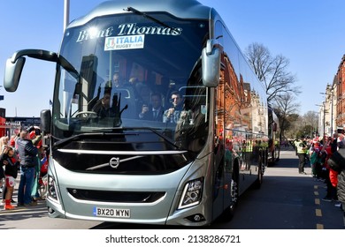 Cardiff, Wales - March 2022: Coach carrying the Italian rugby team driving through Cardiff city centre to the stadium