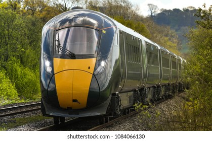 Cardiff, Wales - May 2018: New electro diesel inter city train operated by Great Western Railway. The train is manufactured by Hitachi. 