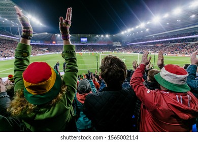 CARDIFF, WALES - NOVEMBER 13: Wales fans cheering from the Canton end during the EUFA Euro 2020 qualifier between Wales and Hungary at Cardiff City Stadium on November 19, 2019, Cardiff, Wales.