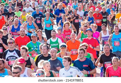 CARDIFF, WALES - OCTOBER 06, 2019: Unidentified runners in the cardiff  Marathon - Athletes running in 39. cardiff marathon Winner Men:
Leonard Langat Kenya (00:59:30) - Winner Woman:Lucy Cheruiyot 