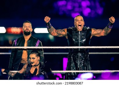 Cardiff, Wales - September 3rd 2022: The Judgment Day's Finn Balor, Rhea Ripley And Damian Priest At WWE Clash At The Castle