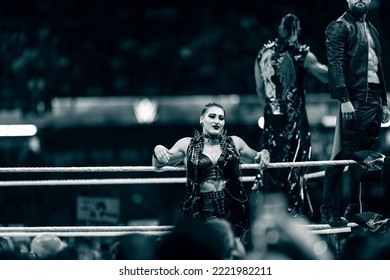 Cardiff, Wales - September 3rd 2022: WWE Superstar Rhea Ripley Poses On The Ring Apron At WWE Clash At The Castle