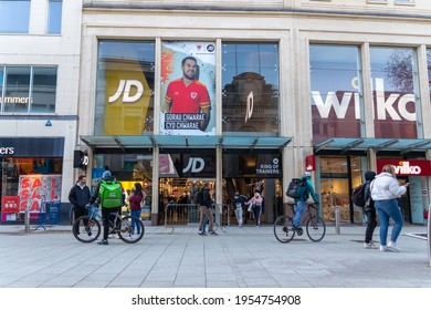 Cardiff, Wales, UK - April 12th 2021: General View of JD Sports and Wilko as shoppers descend on Cardiff City centre, this evening, as non-essential retail is now permitted in Wales