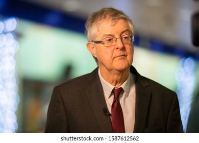 Cardiff, Wales, UK. December 13th 2019. First Minister for Wales Mark Drakeford gives an interview during the general election vote count at Cardiff City Stadium.