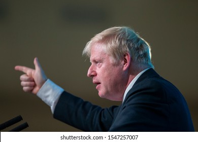 Cardiff, Wales, UK. July 6th 2019: Boris Johnson speaks during the Wales hustings of the Conservative party leadership election at the All Nations Centre.