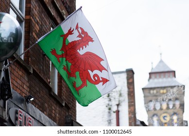 Cardiff, Wales, UK, May 27, 2018: Welsh Flag On The Side Of Fuel Building In Womanby Street