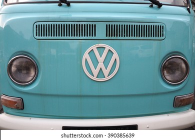 Cardiff,Wales,UK-February 27,2016: close up of front side of an old Volkswagen Transporter van parked on a street of Cardiff on February 27,2016