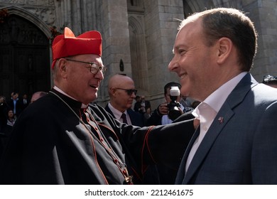 Cardinal Timothy Dolan Greets Congressman Lee Zeldin At Annual Columbus Day Parade On Fifth Avenue In Manhattan On October 10, 2022