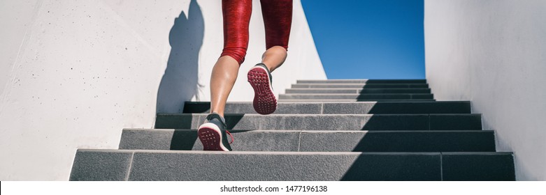 Cardio Runner Woman Going Up Step Of Stairs At Outdoor Staircase For Uphill Hiit Workout Training Exercise. Banner Panoramic Running Shoes Closeup.