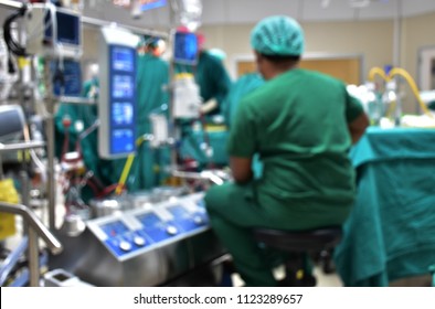 In Cardio Vascular And Thoracic Operating Room, They Are Running Cardiac Surgery By Heart Lung Machine. View From Perfusionist. Blurred Is Applied With This Picture.