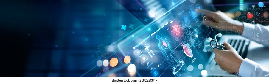 
				Cardiologist diagnosis patient heart testing result and human anatomy with database electronic medical record on network. AI, Innovation and technology, Digital healthcare on futuristic hologram.