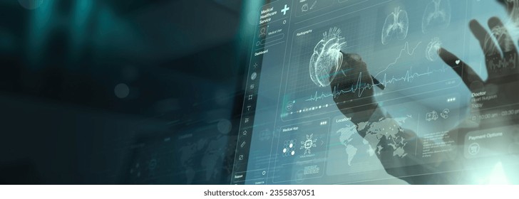 Cardiologist doctor examine patient heart functions and blood vessel on virtual interface.treatment to diagnose heart disorder and disease of cardiovascular system. Medical technology and healthcare.