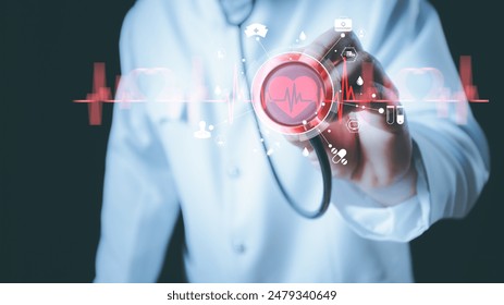 Cardiologist doctor examine patient heart functions and blood vessel on virtual interface. Medical technology and healthcare treatment to diagnose heart disorder and disease of cardiovascular system.