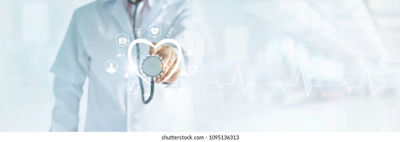 Cardiologist doctor with stethoscope in hand toching medical icon network connection on modern virtual screen networking inerface, medical technology and patient concept, blank text