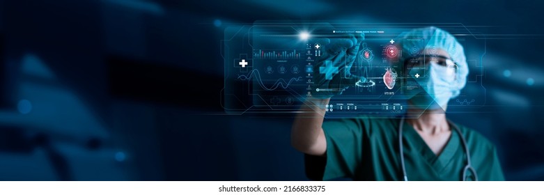 Cardiologist Doctor, Surgeon analyzing patient heart testing result and human anatomy on digital futuristic virtual interface, Digital holographic, AI, Technology, innovation in science and medicine.