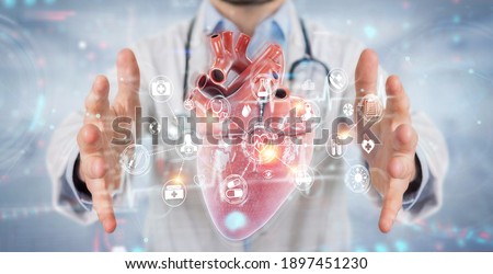 Cardiologist on blurred background using digital x-ray of human heart holographic scan projection 3D rendering