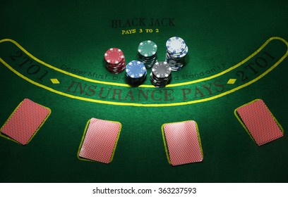 Cards And Chips For Poker On Green Table, Top View.