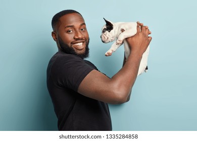 Care After Pet Concept. Pleased Black Man Finds Potential Caretaker Of His Dog While He Will Be Away, Being Member Of Local Animal Welfare Organization, Carries French Bulldog To Pet Retirement Home