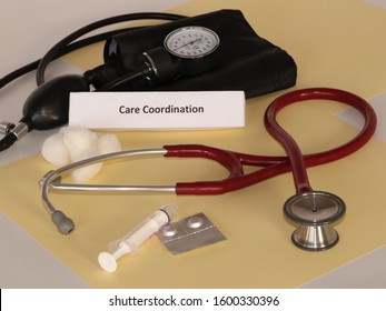 Care Coordination Concept With Medical Care Objects On Yellow Background