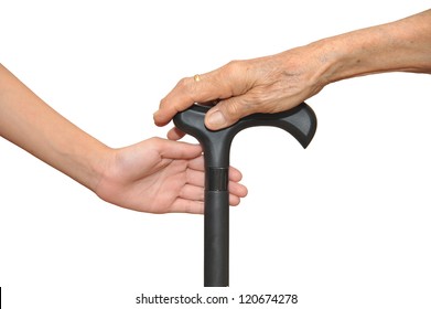 Care, Young Hand Helping Elder Holding Onto A Walking Stick