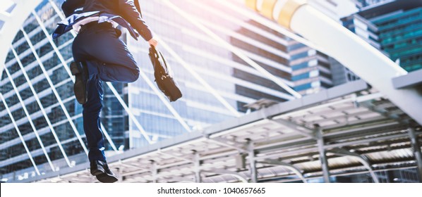 Carear Jumping Running Business Man In Front Of Buildings